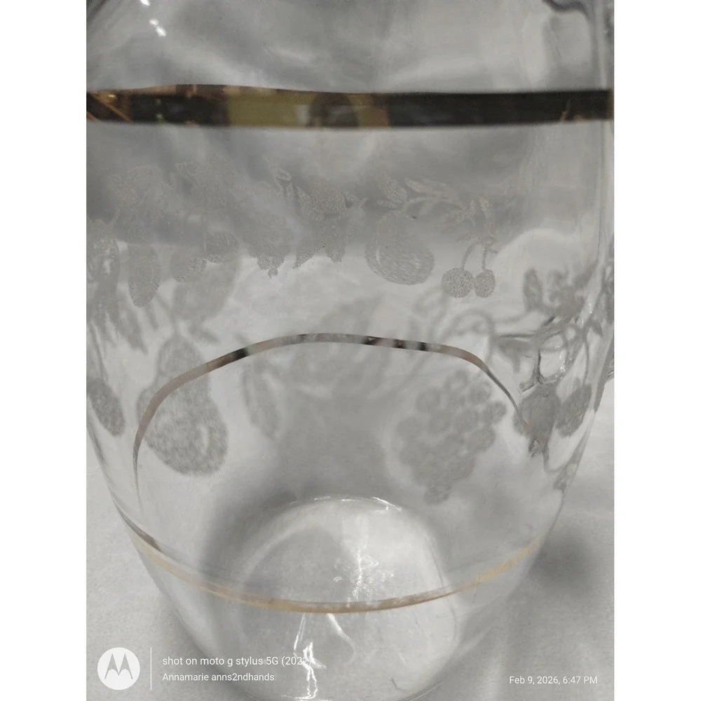 Mid Century Etched Glass Water Pitcher Gold Band Fruit Design‎
